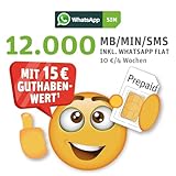 WhatsApp SIM Prepaid - Starterpaket mit 15 EUR Guthabenwert, ohne Vertragsbindung, Option mit 12.000 Einheiten (MB/MIN/SMS), Surf-Geschwindigkeit: 50 MBit/s 5G