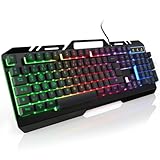 WisFox Office Gaming Tastatur Kabelgebunden, Rainbow LED Beleuchtete, mit Handy Halter, Leiser Tastenanschlag, 19 Schlüssel Anti-Ghosting, Robust Metal Frame, Deutsche Layout Kompakte, für PC Gamer