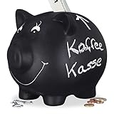 Relaxdays Sparschwein, zum Beschriften, Keramik, Kreide, Hochzeit, Geburtstag, Taufe, Spardose, 14 x 17 x 13 cm, schwarz