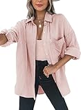 Dokotoo Bluse Damen Musselin Langarmshirt Baumwolle Lässig Oberteile Hemd Langarm Farbblock Shirts Einfarbig Tops Hemdjacke Rosa M