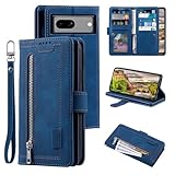 EYZUTAK Handyhülle für Google Pixel 8A Hülle,Flip Case Lederhülle Reißverschluss Magnetverschluss Brieftasche mit 9 Kartenfächern Standfuntion Retro Matt Ledertasche für Google 8a-Blau