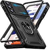 Handyhülle für Samsung Galaxy A14 5G Hülle mit Schutzfolie, Schutzhülle mit Kameraschutz 360° Drehbarer Metall Ring Ständer Stoßfest Bumper 6.8' Case Cover (Schwarz)