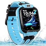 Kinder Smartwatch, Smartwatch Kinder mit GPS und Telefon, Armbanduhr Kinder Junge, Smart Watch Kinder, Kinderuhr mit Voice Chat, SOS, IP68, Wasserdicht, Spiel, Kamera, Wecker, Touchscreen (Blau-GPS)