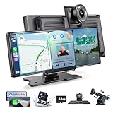 Alpinetech Wireless Carplay Display & Android Auto Display: 10,26 Zoll Tragbares Autoradio mit 4K Dashcam Vorne Rückfahrkamera Siri Bluetooth Mirror Link AUX FM SD-Karte für All Vehicles