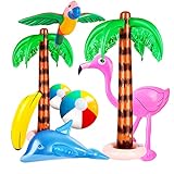 Jiosdo aufblasbare Palmen Set, aufblasbare Palme Kokosnussbaum Groß Strandspielzeug Set inkl. Flamingo Wasserball Delphin Bananen Strandbälle Poolspielzeug für Beach Deko Mottoparty Hawaii Deko Party