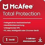 McAfee Total Protection 2024 | 1 Gerät | Virenschutz- und Internet-Sicherheitssoftware | inkl. Unlimited VPN und Dark Web-Überwachung | 1-Jahres-Abonnement | Download-Code
