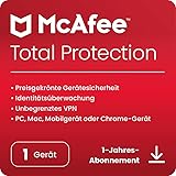 McAfee Total Protection 2024 | 1 Gerät | Virenschutz- und Internet-Sicherheitssoftware | inkl. Unlimited VPN und Dark Web-Überwachung | 1-Jahres-Abonnement | Download-Code